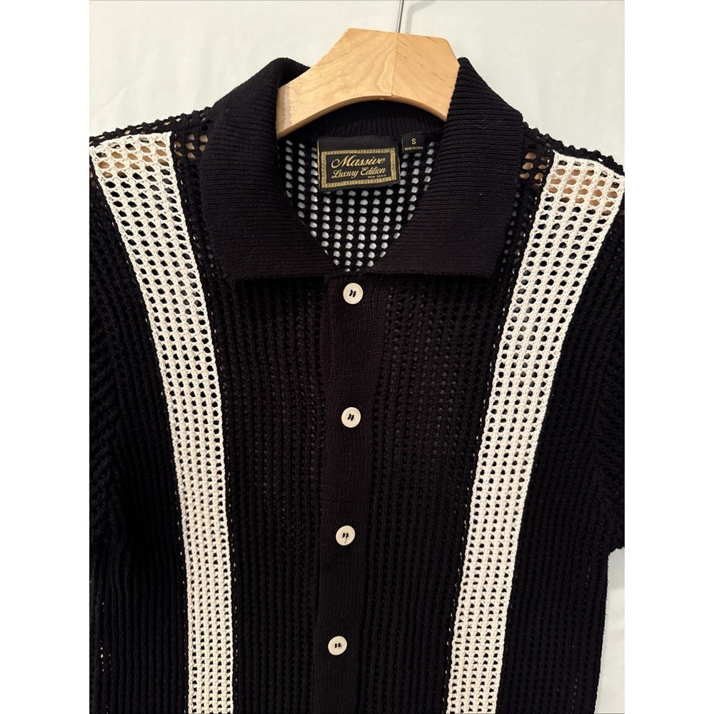 Massive Luxury Edition Men Small Black/White Crochet Knit Polo Button Up RETRO